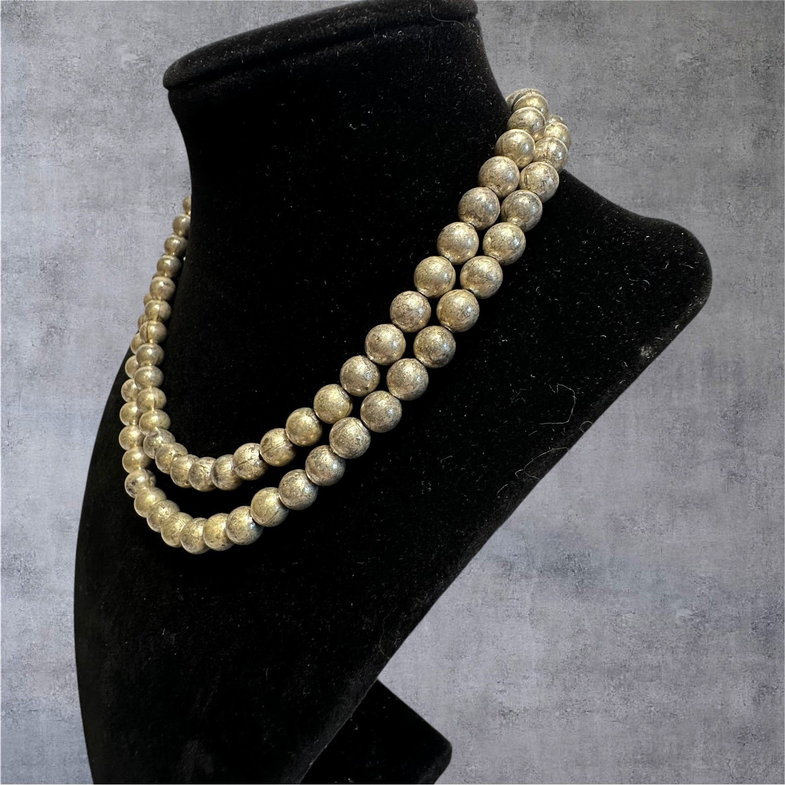 30in Silver Tone Metal Beaded Necklace Antique Textured Statement