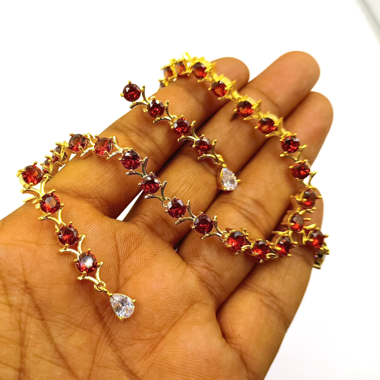 22K Gold Plated Rubellite Tourmaline Necklace Set Traditional Indian Choker Gift