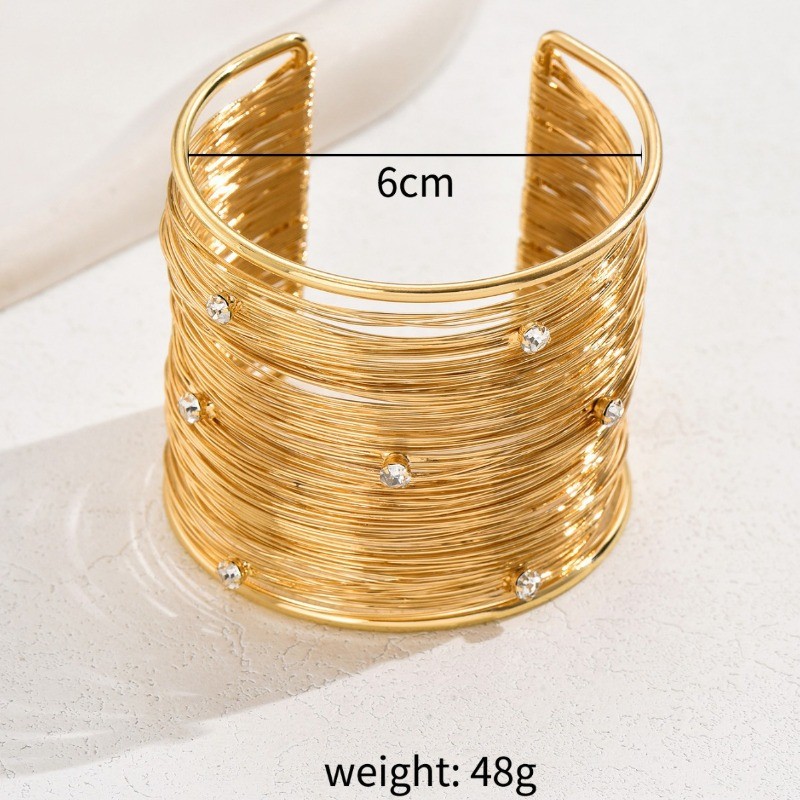 Women’s Golden Open-End Wide Bangle Zinc Alloy Zircon Embellishment Bracelet