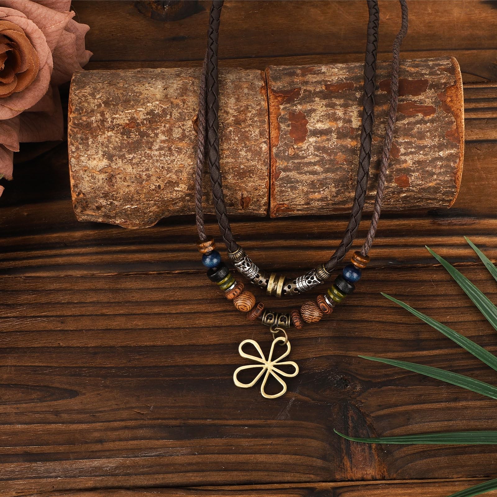 Multi Layer Boho Wood Bead Necklace Brown Bohemian Hollow Pendant Jewelry Gift