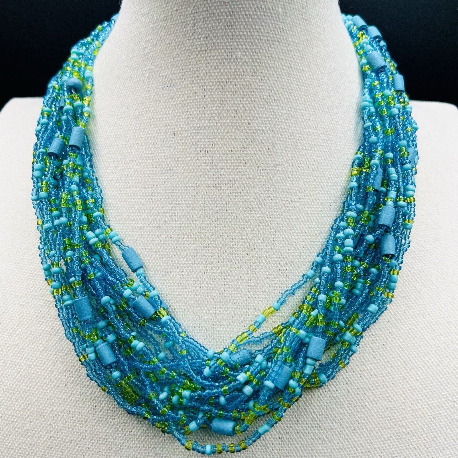 Aqua Lime Seed Bead Necklace Multi Strand Statement Bib Collar Beach Boho