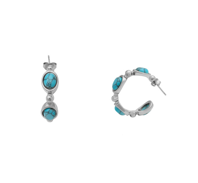 Stainless Steel Turquoise Stone Huggie Earrings Lightweight Bohemian