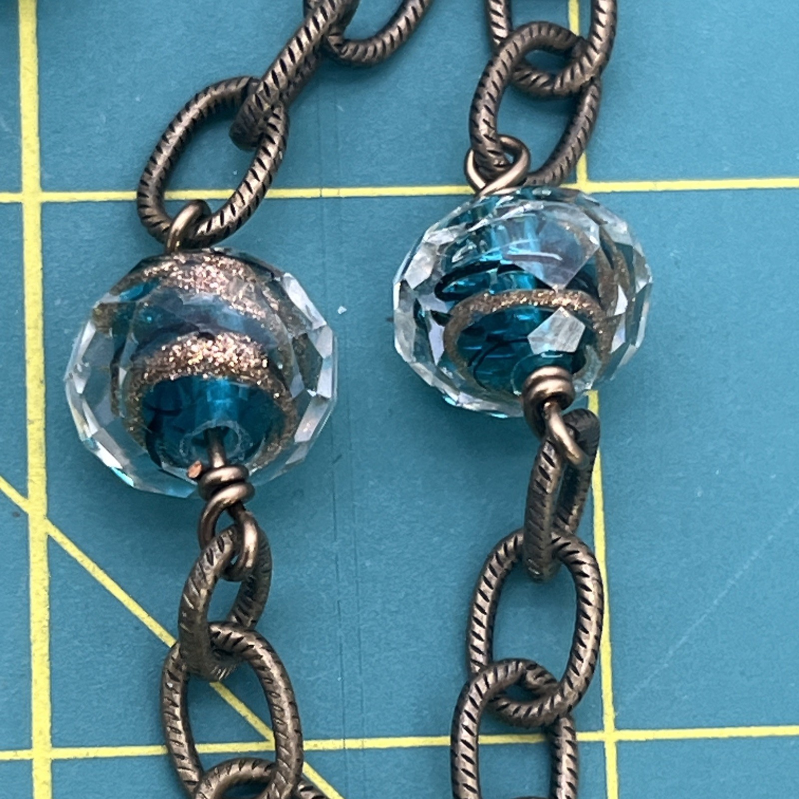 Soft Surroundings Aqua Lampwork Glass Necklace Bronze Tone 32″ – 35” New