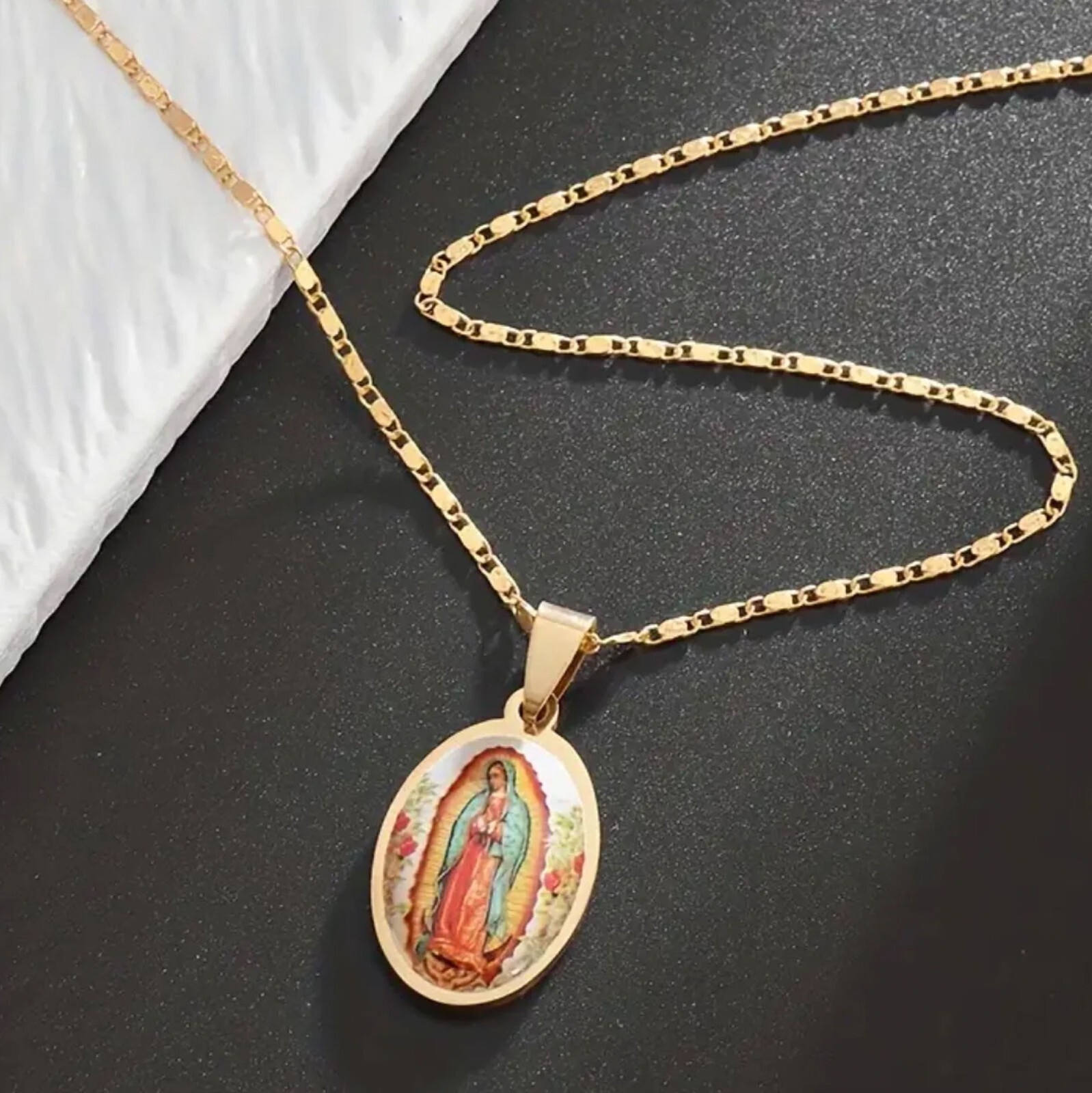Vintage Golden Virgin Mary Oval Pendant Necklace, Gift for Religious Believers