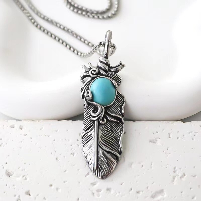 Men’s Turquoise Feather Pendant Necklace Chain Punk Rock Biker Jewelry Gift