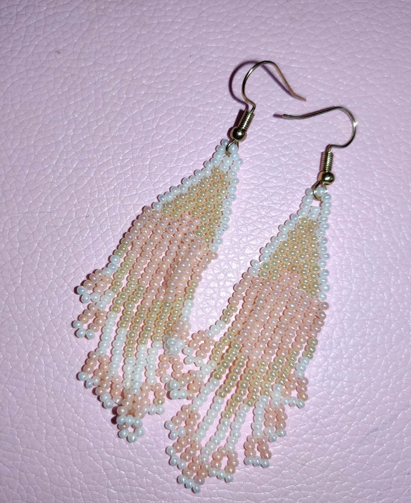 Pink White Glass Beaded Tassel Dangle/Drop Hook Lobe Earrings