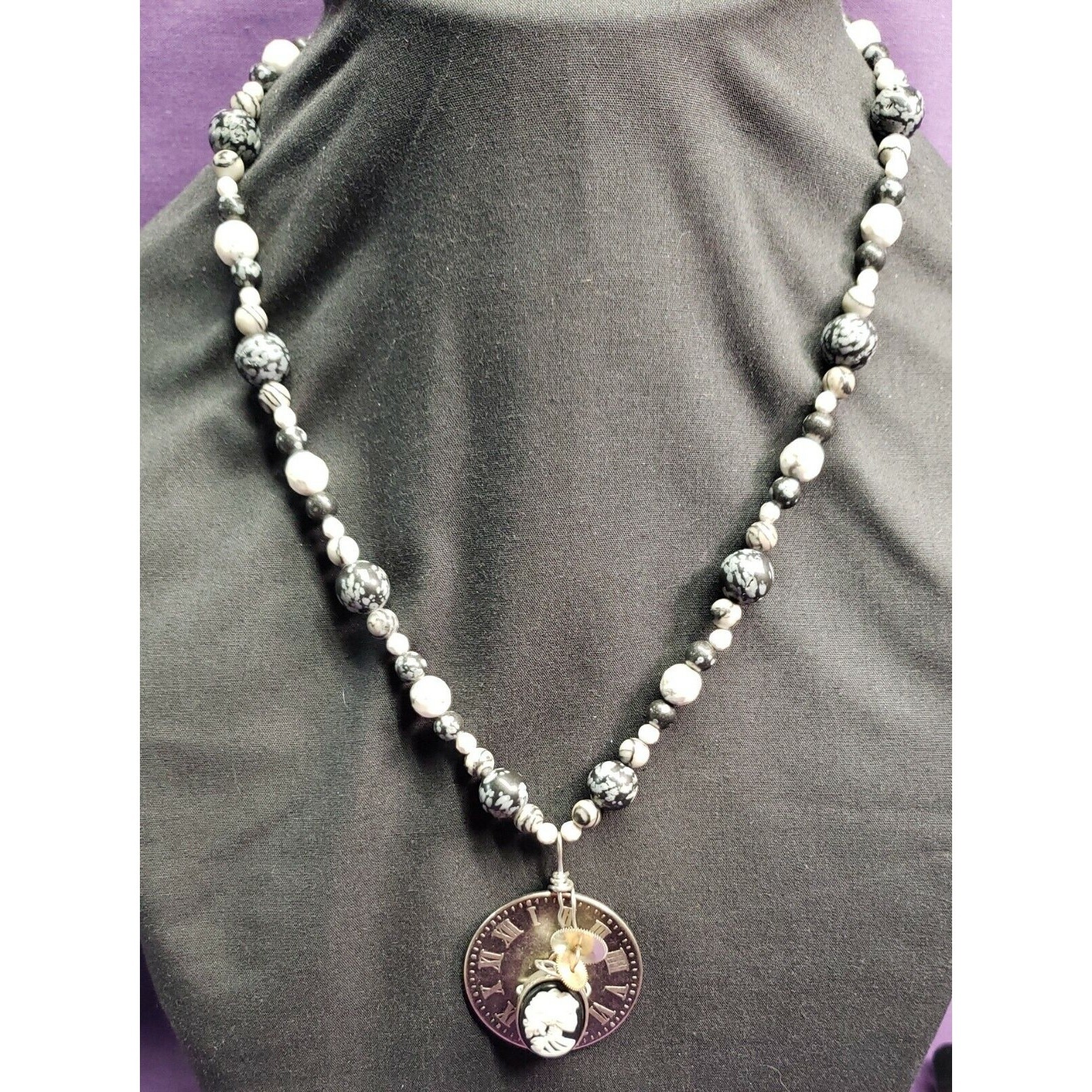Steampunk Style Natural Stone, Skeleton Cameo, Roman Numeral Clock Disc Necklace