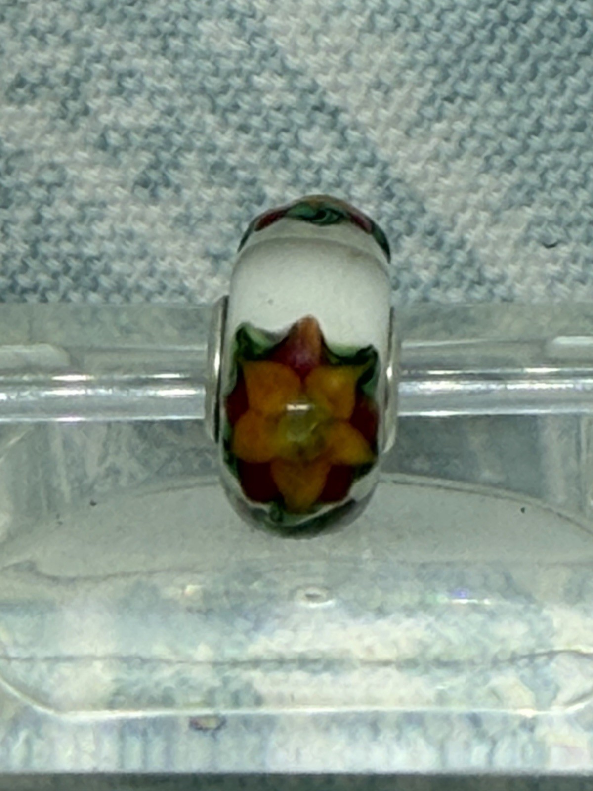 Authentic Trollbeads OOAK Yellow Star Flowers & Green on White CC, New (117)