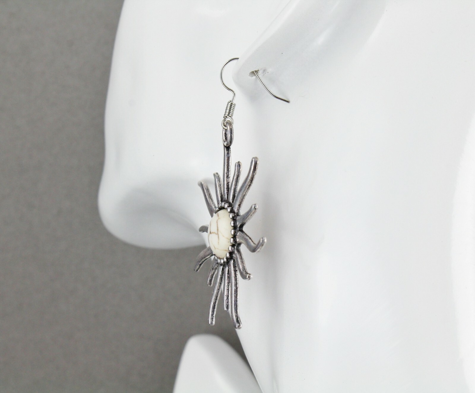 silver sun earrings cream center bead dangle lightweight 2.5″ long long rays
