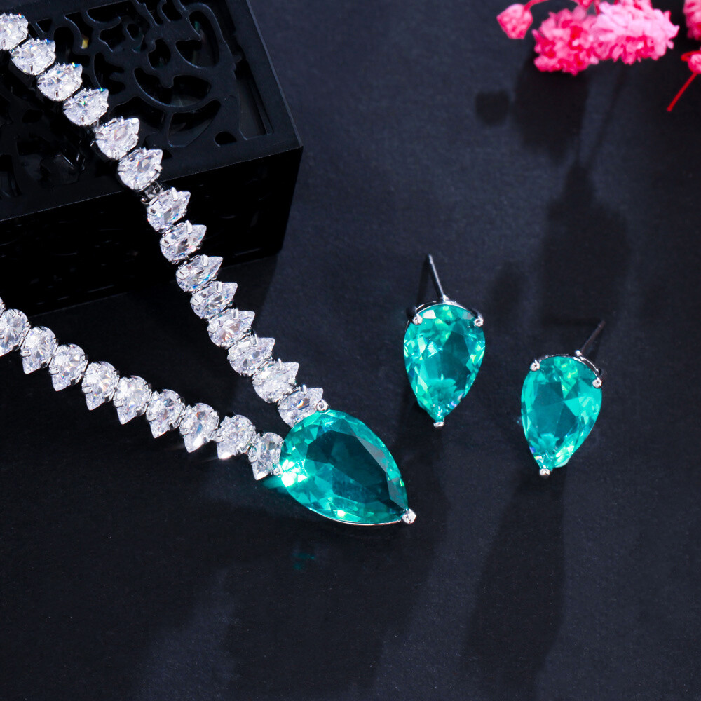 Charming Silver Plated CZ Green Necklace Earrings Jewelry Set for Brides Wedding