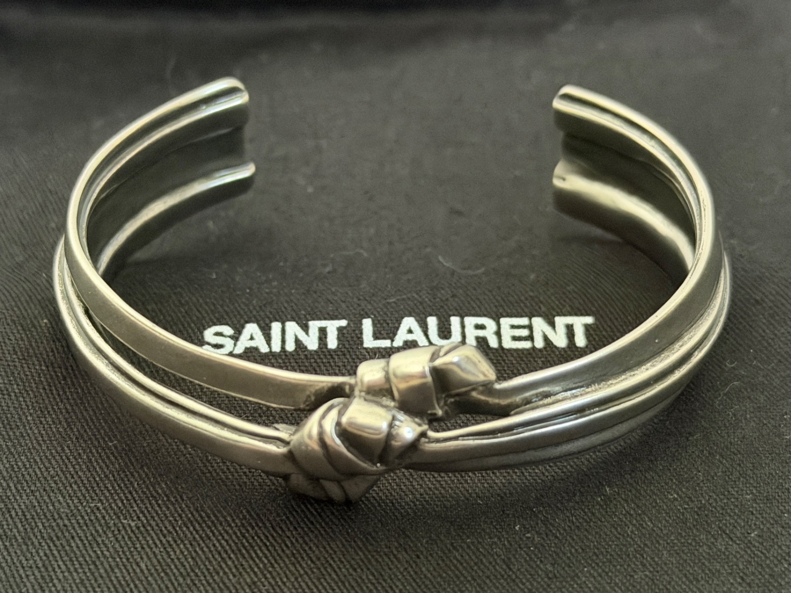NWT Saint Laurent YSL Triple Knotted Antique Silver Brass Cuff Bracelet M $895