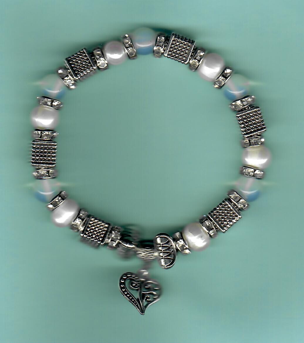 Brighton Pearl/Opal/silver/CZ stretch bracelet with Contempo/Leafy heart charm