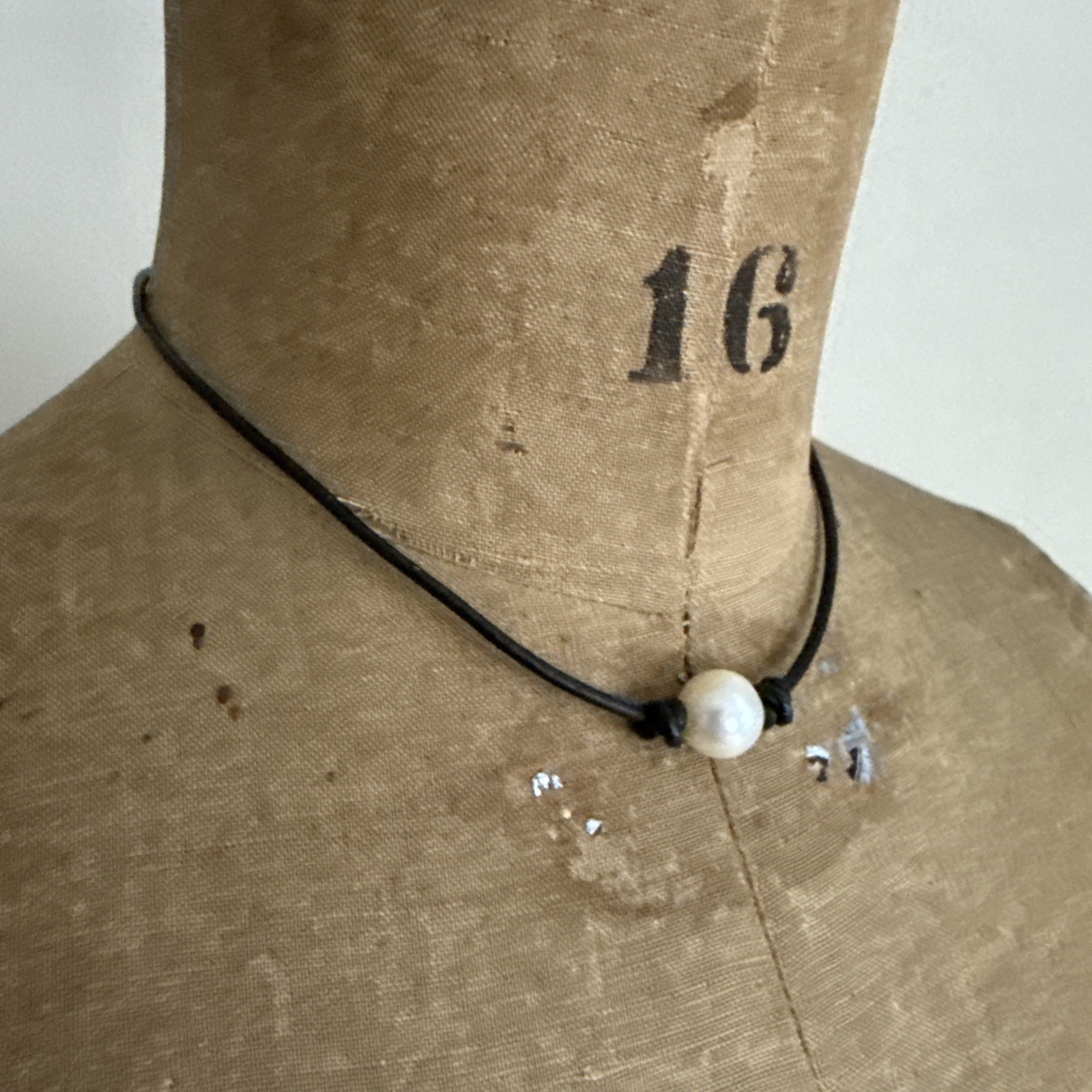 Natural Freshwater Pearl Necklace w/Leather Cord 16”