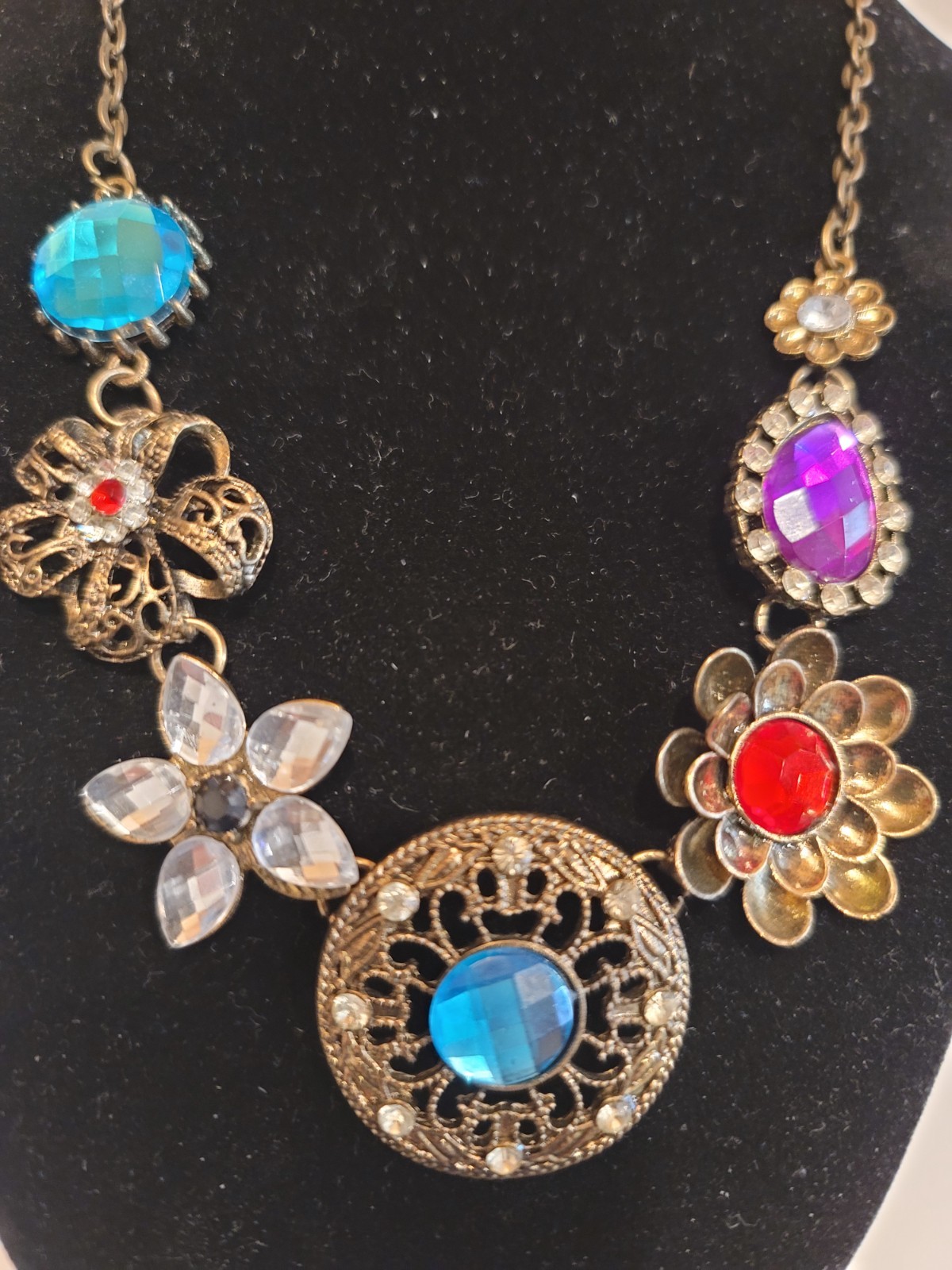 Betsey Johnson Floral Statement Necklace Blue Purple Red Crystal 18″ Signed