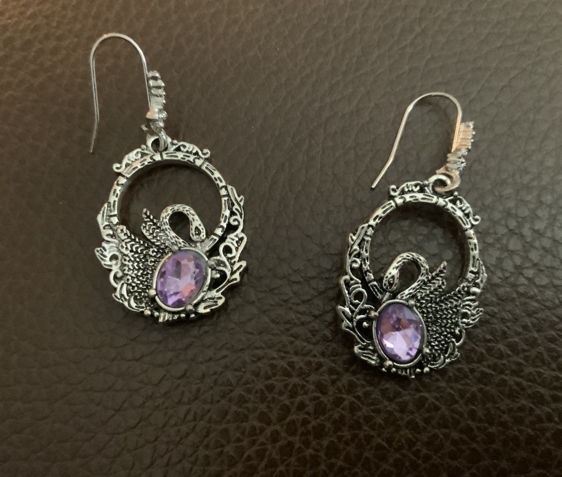 Silver Bird Swan Amethyst Earrings Filigree Gothic Boho VTG Antique Victorian CZ