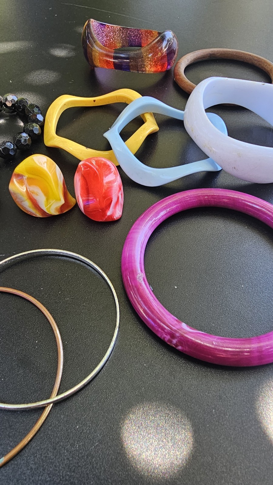 Vintage,Multicolor Plastic Bangle & Beaded Bracelet Lot, Round, No Clasp.