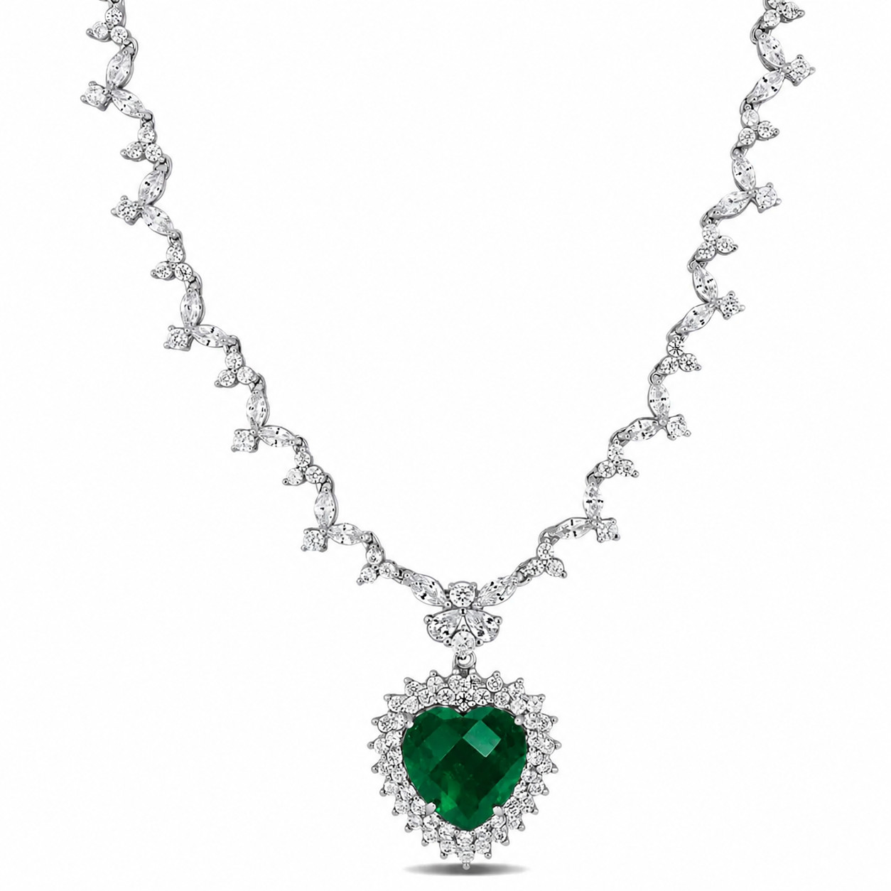 41ct Simulated Green Emerald/Diamond Women’s Tennis Necklace White Gold Plated