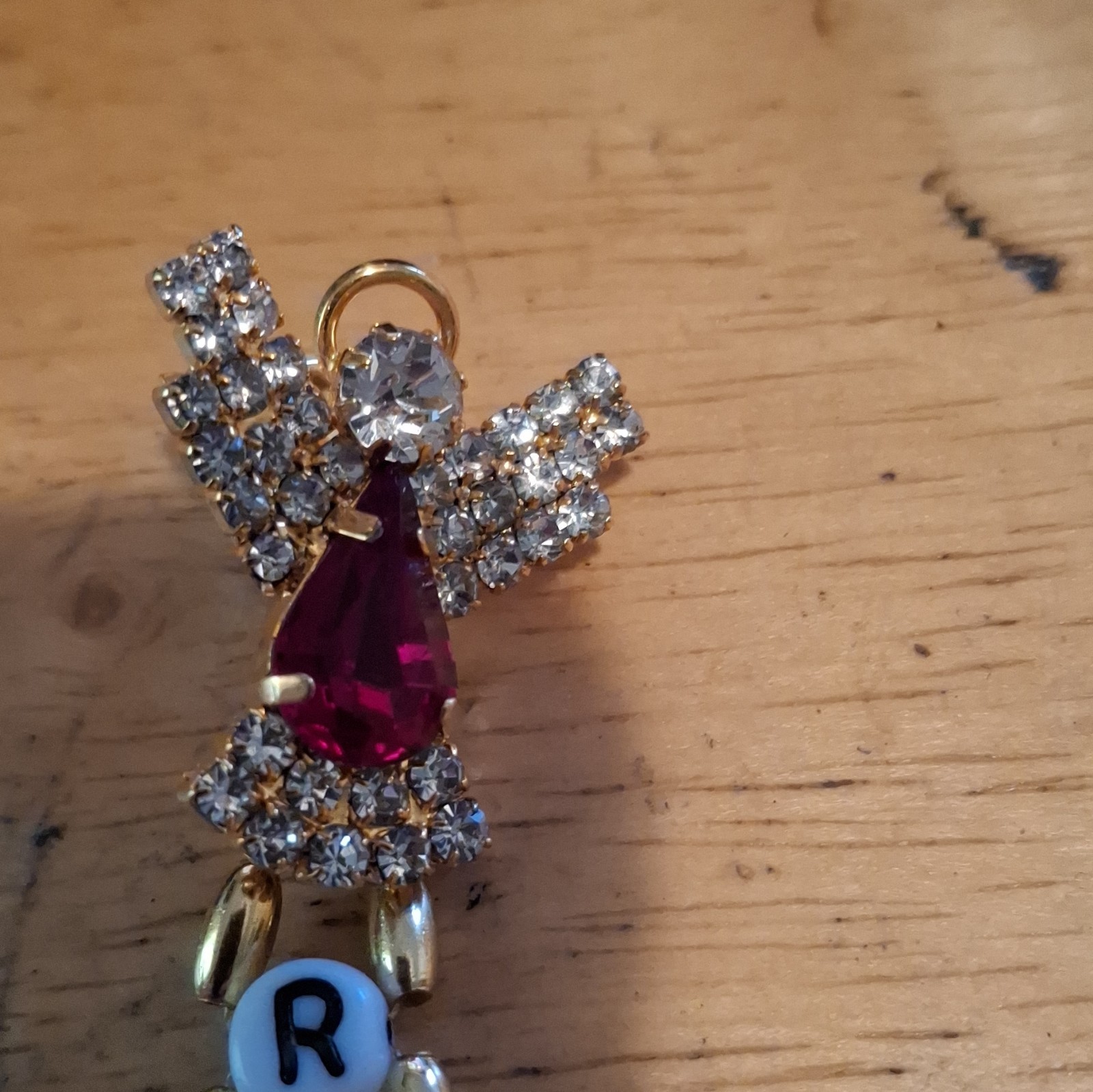 Gold Tone Rhinestone Crystal Angel Pin Brooch w/ ROSEMARIE Letter Beads