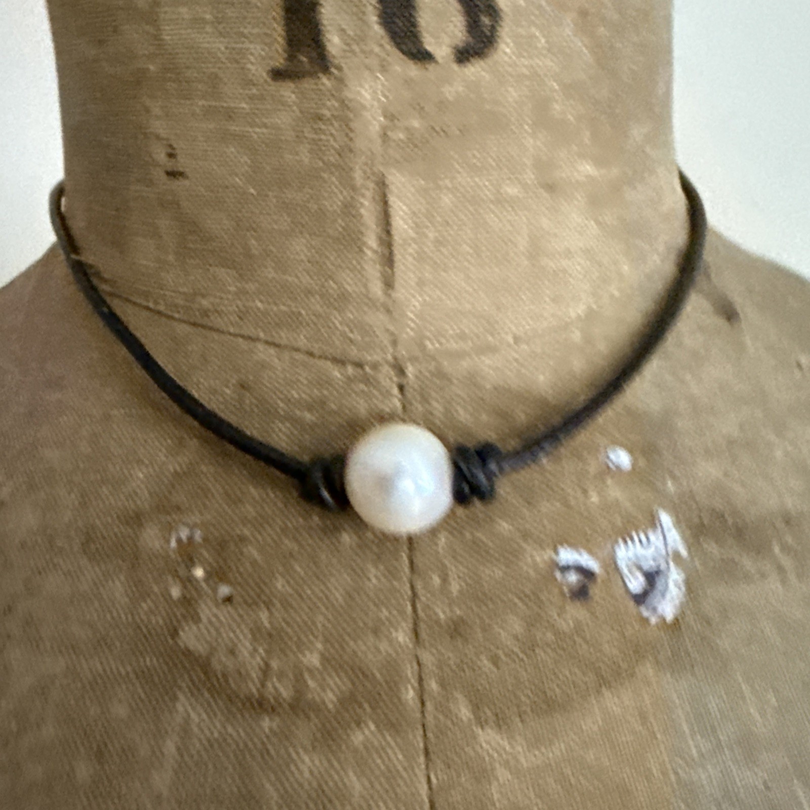 Natural Freshwater Pearl Necklace w/Leather Cord 16”
