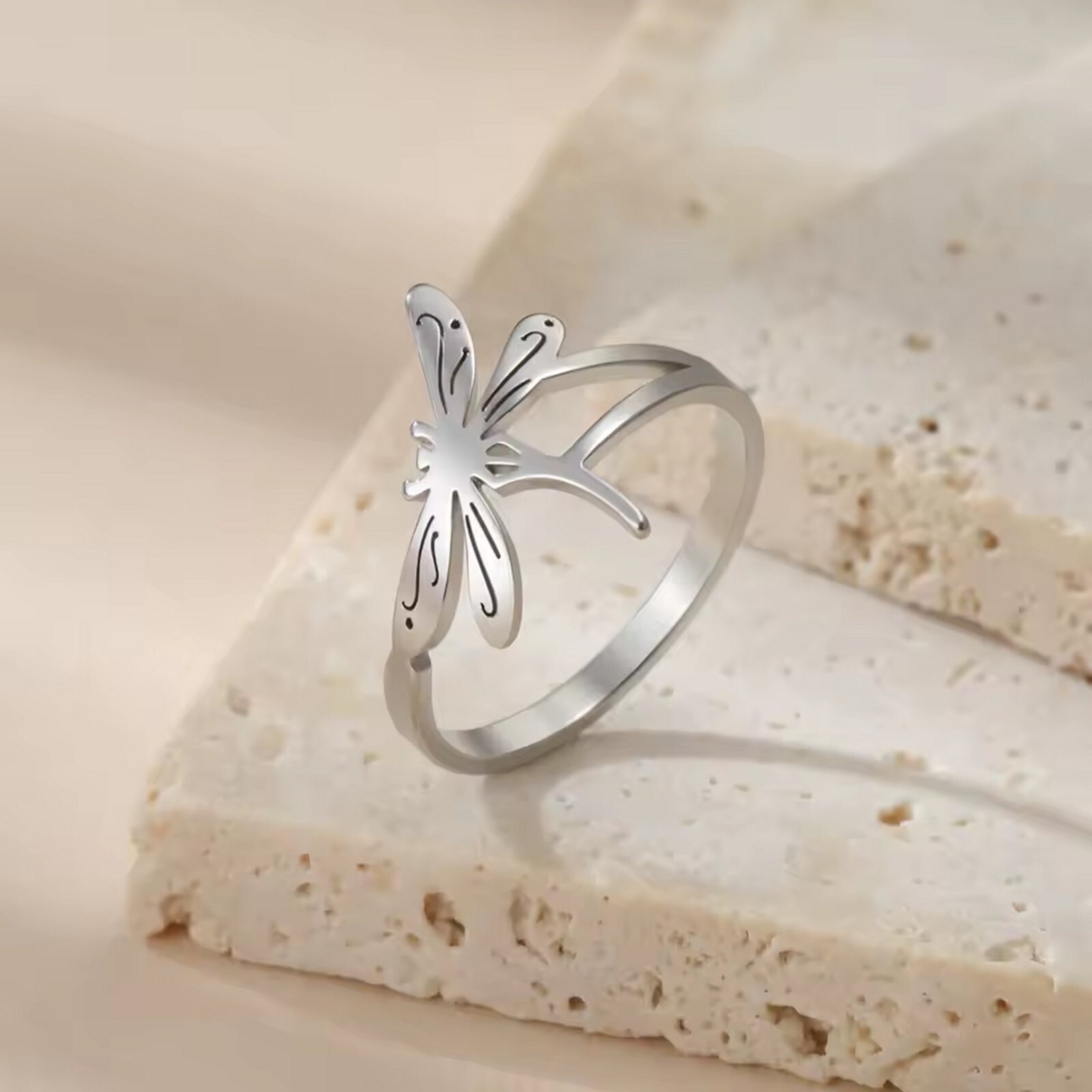 Dragonfly Ring Womens Silver 316L Stainless Steel Garden Insect Band Boho