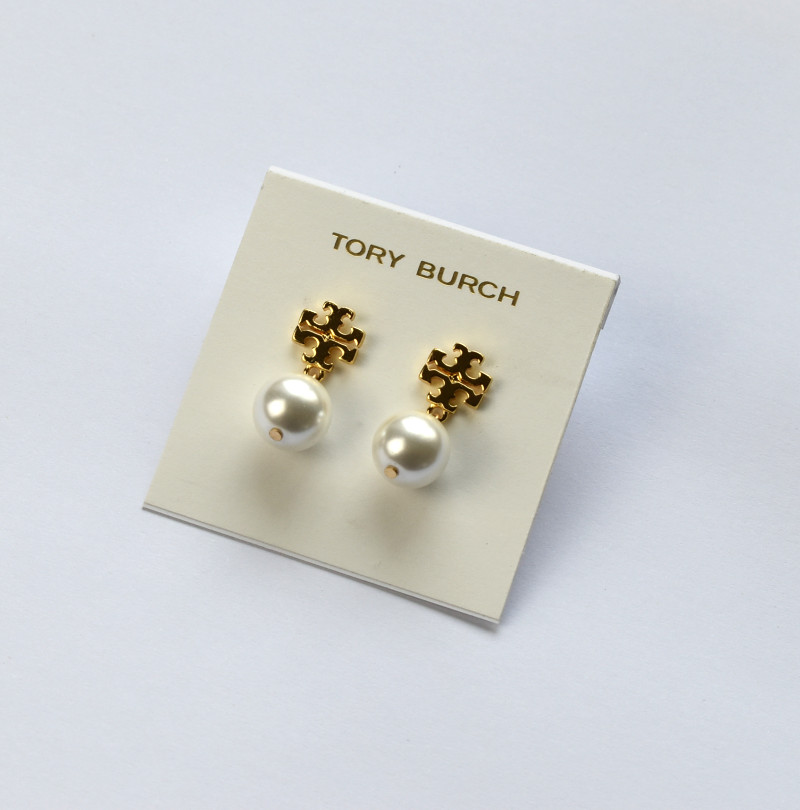 Tory Burch TB logo White Pearl Drop Earrings Gold with dust bag
