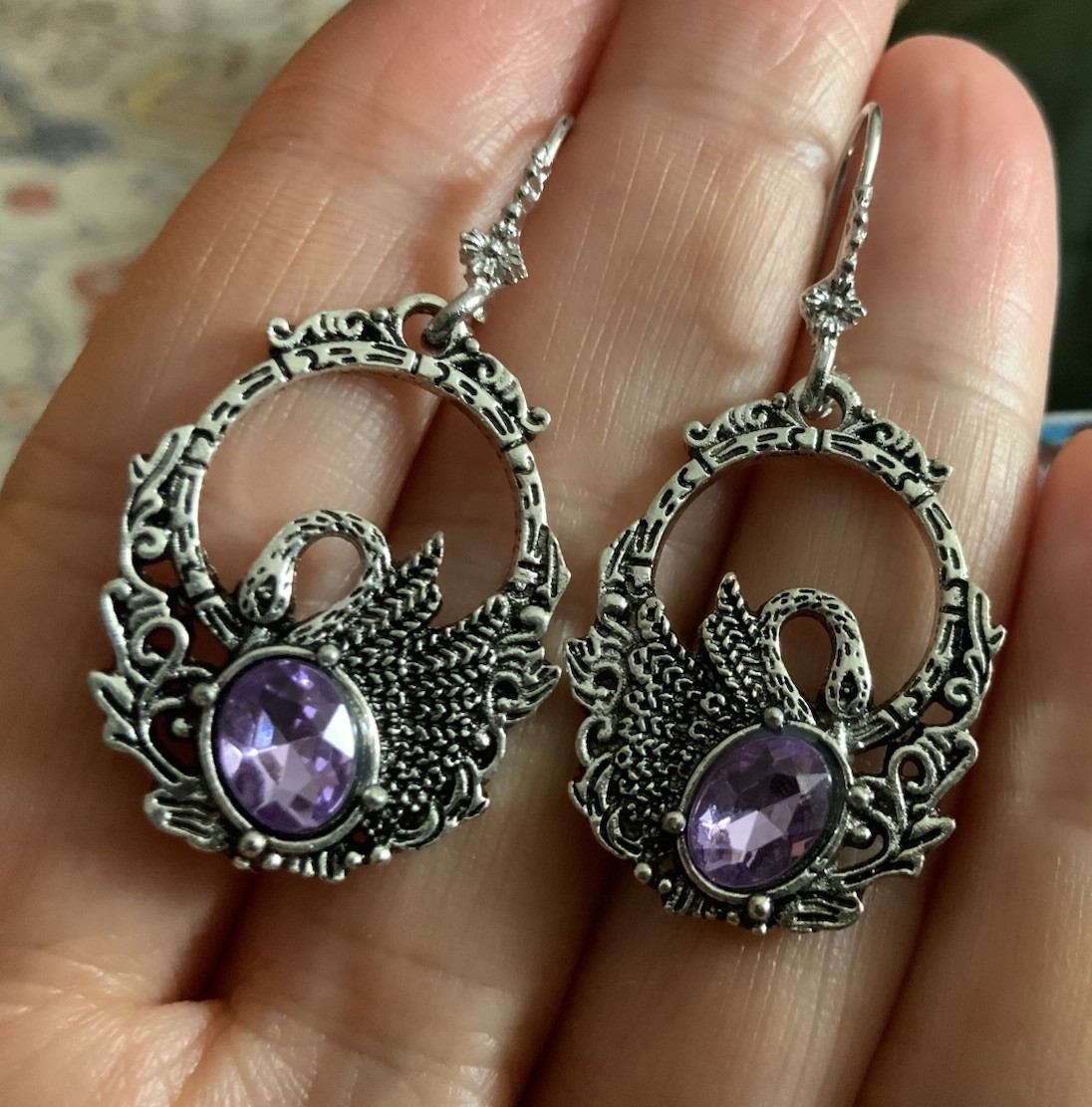 Silver Bird Swan Amethyst Earrings Filigree Gothic Boho VTG Antique Victorian CZ
