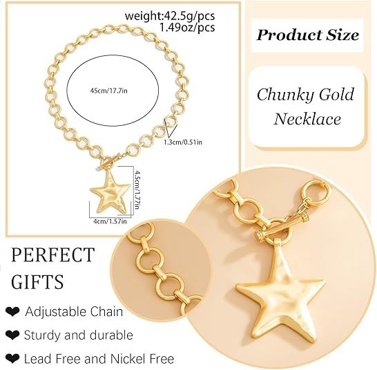 Chunky Star Necklaces for Women Gold Star Statement Necklace Big Star Pendant Ne