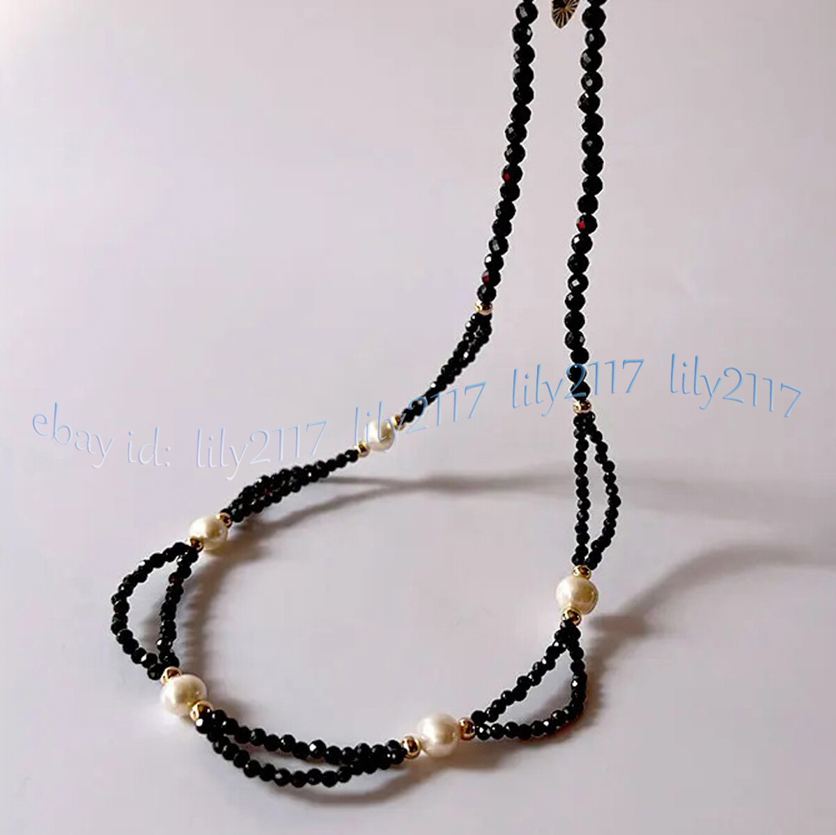 3mm Faceted Black Spinel Gems Beads Natural White Freshwater Pearl Necklace 18”