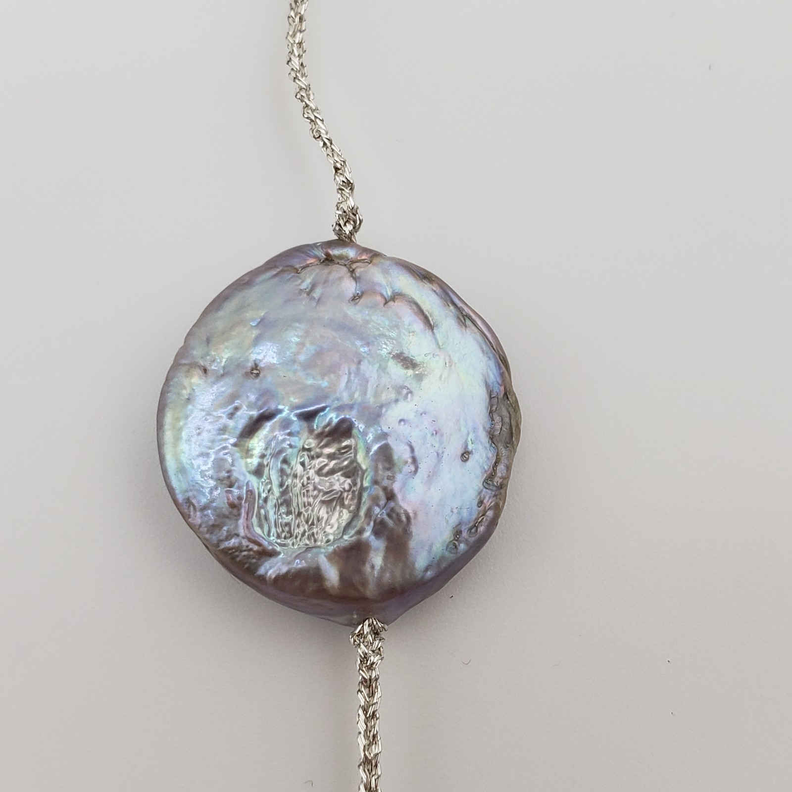 Freshwater Keshi Coin Pearl Necklace Gray Peacock Sheen Station Dramatic 36″