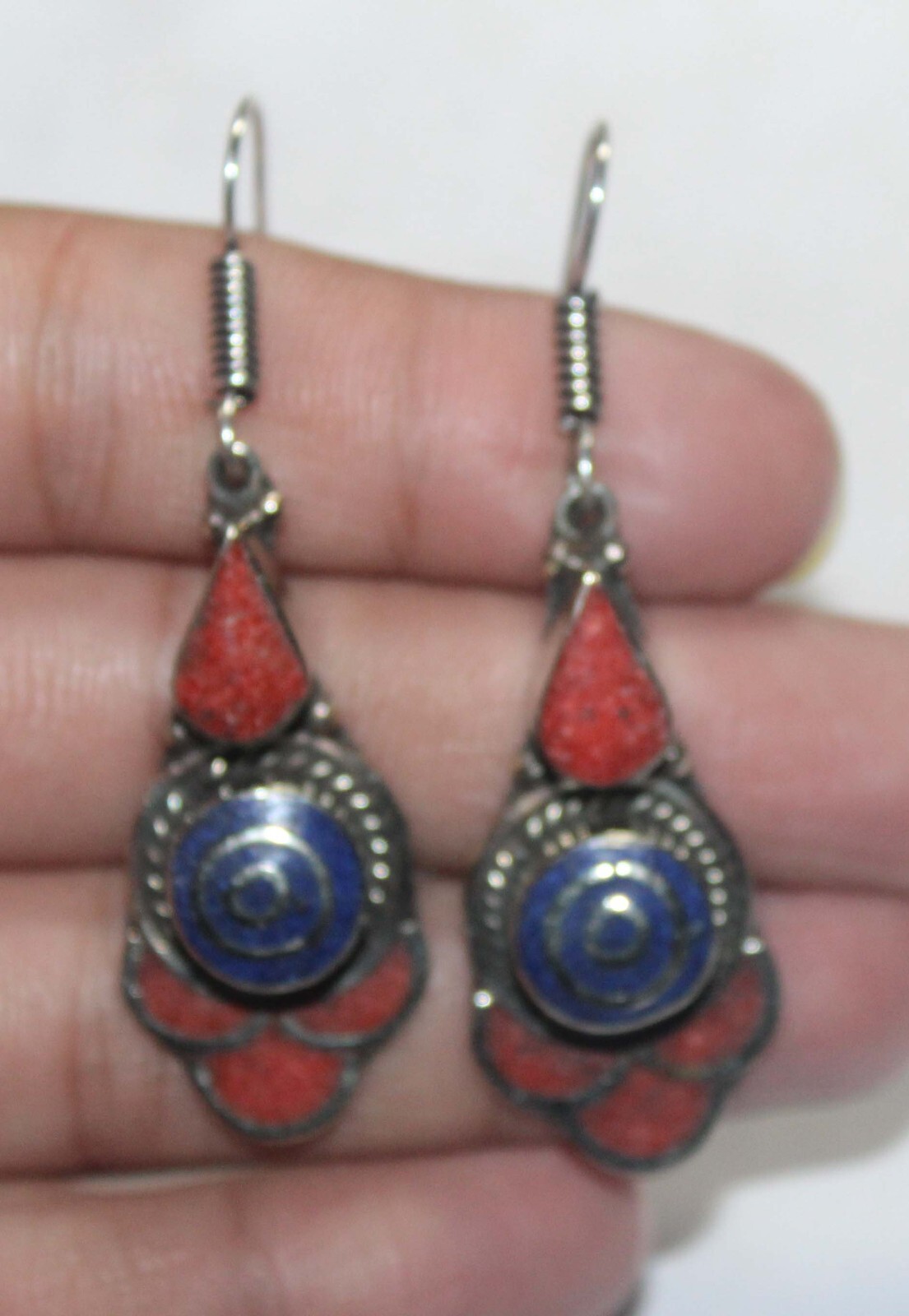 Tibetan Red Coral Lapis Gemstone Handmade Nepali Earring Jewelry Size 1.5 Inches
