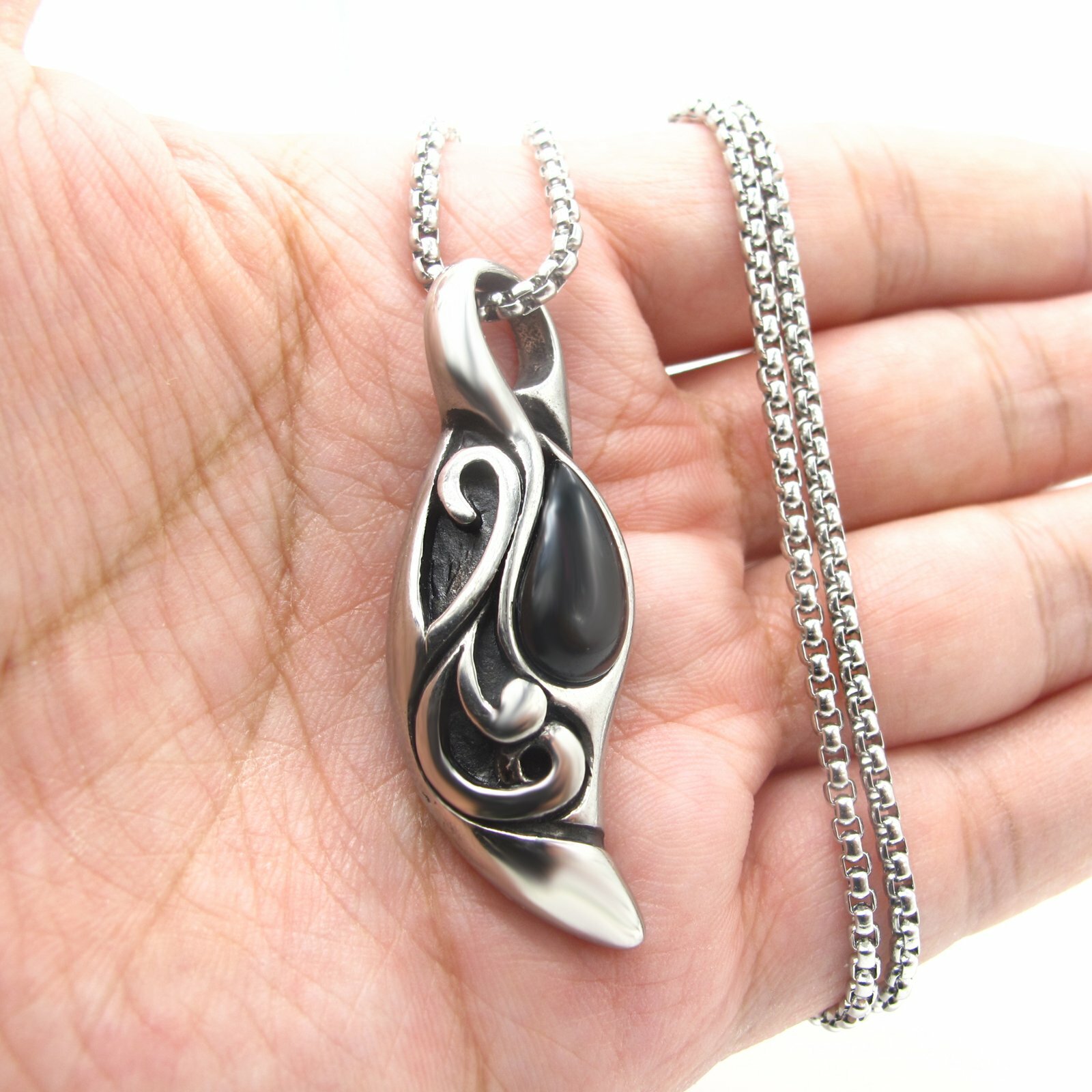 MENDEL Fashion Mens Black Onyx Stone Pendant Necklace Stainless Steel Charm Set