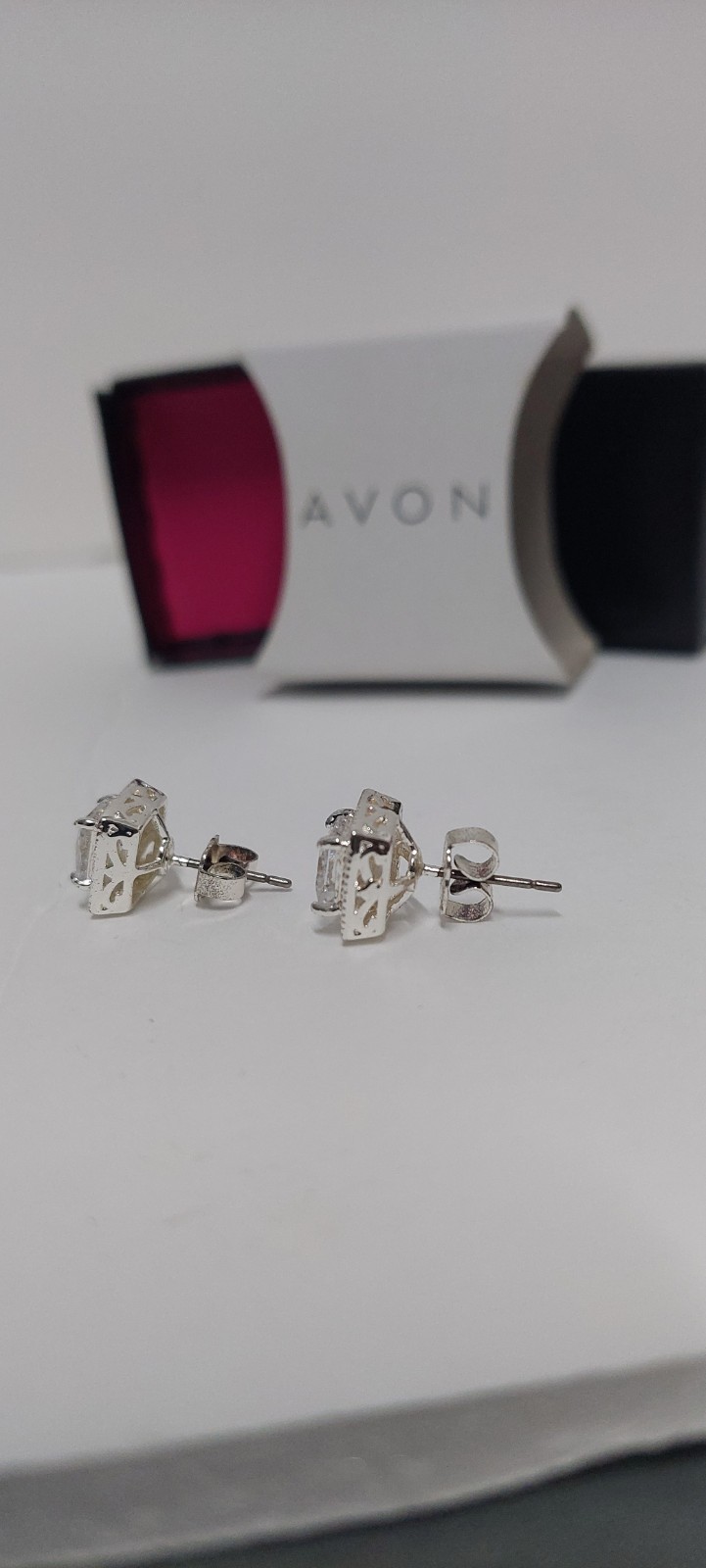 Avon Brilliant CZ Princess Square Halo Stud Earrings Silver Tone Butterfly Back