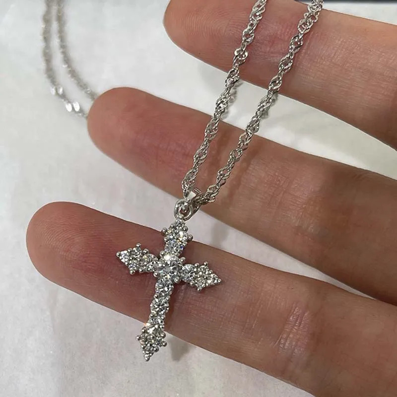 Shiny Crystal Zircon Cross Pendant Necklace for Women Girls Punk Silver Color Th