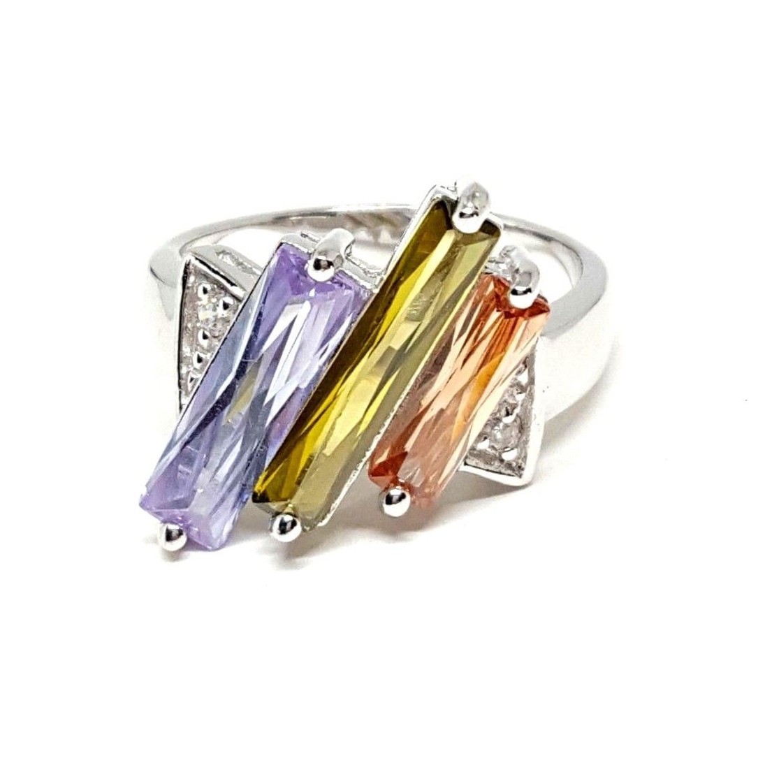 (SIZE 6,7,8,9) Colorful Slanted CZ BAGUETTE STONES RING .925 STERLING SILVER