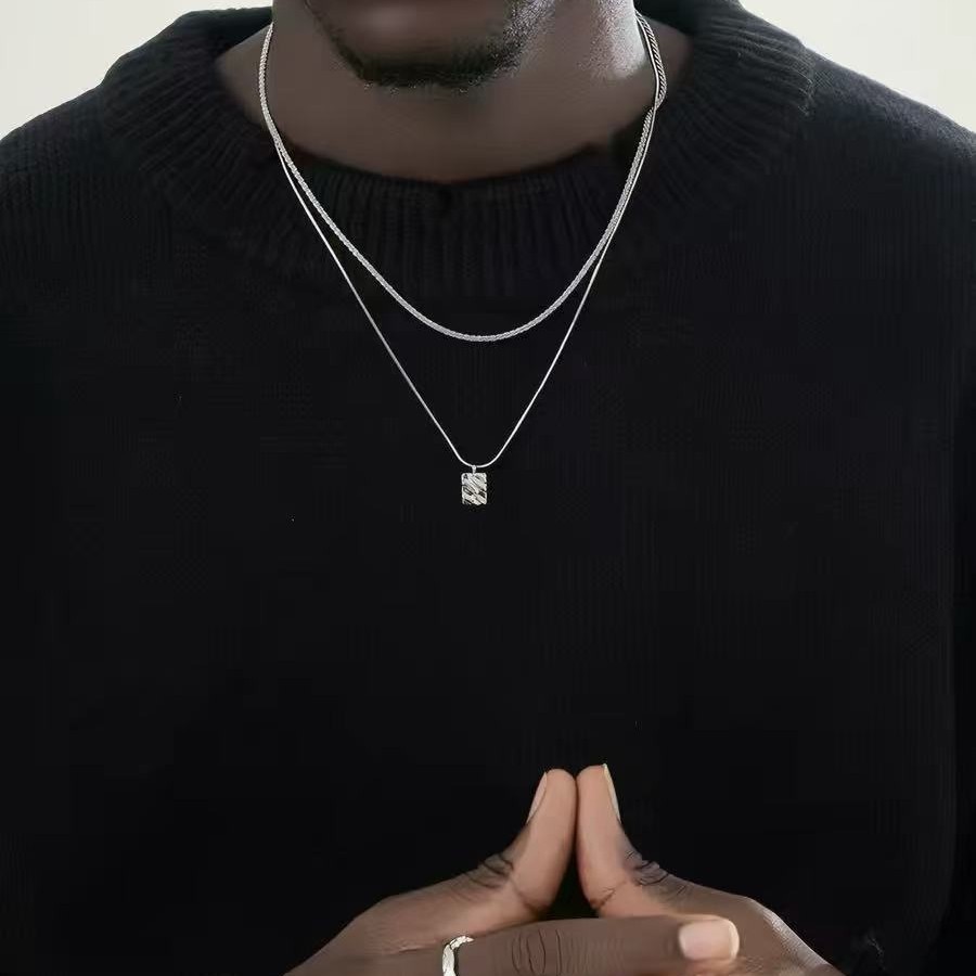 Stainless Double Layer Square Pendant Necklace Snake Men Minimalist Choker