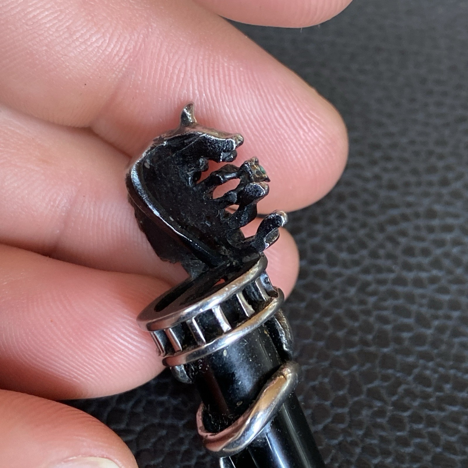 Wolf Head Tribal Pendant Shiny Silver Tone Simulated Faux Onyx Black Fang Tooth