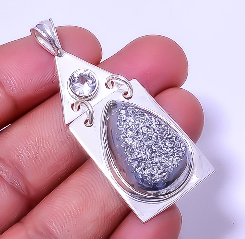 Titanium Carbon Agate Drusy 925 Silver Plated Designer Pendant 2.15″ P7611-33