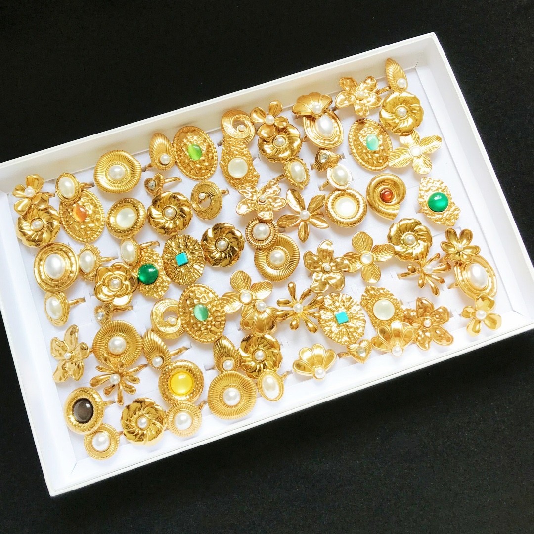 Bulk Lot 20pc Mix Gold 3D Flower Pearl Stone Stainless Steel Rings Women Jewelry