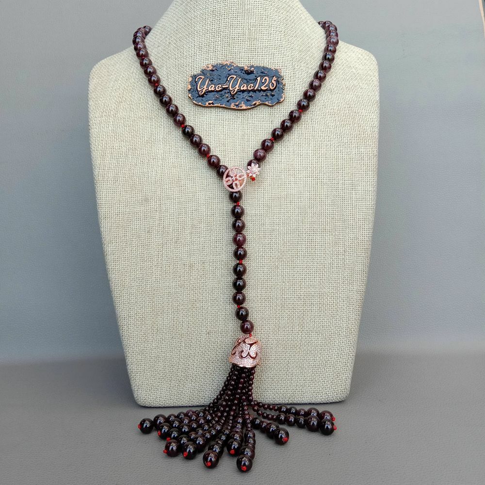 Natural Round Garnet Y-Drop Necklace Graduated Tassel Cz Pave Cap Pendant 29″