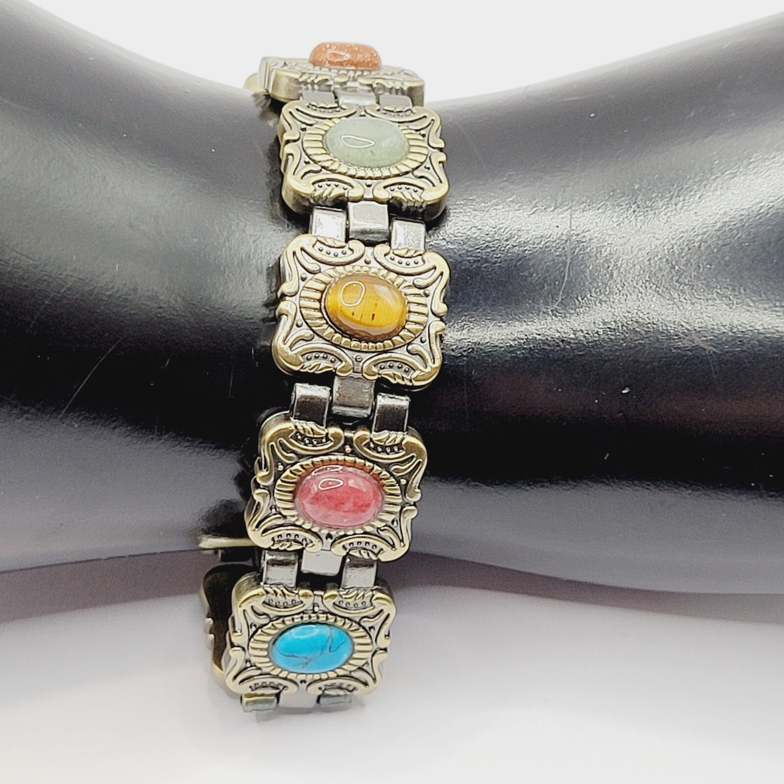 Ornate Western Style Multi Color Faux Gemstone Muted Gold Silver Tone Bracelet