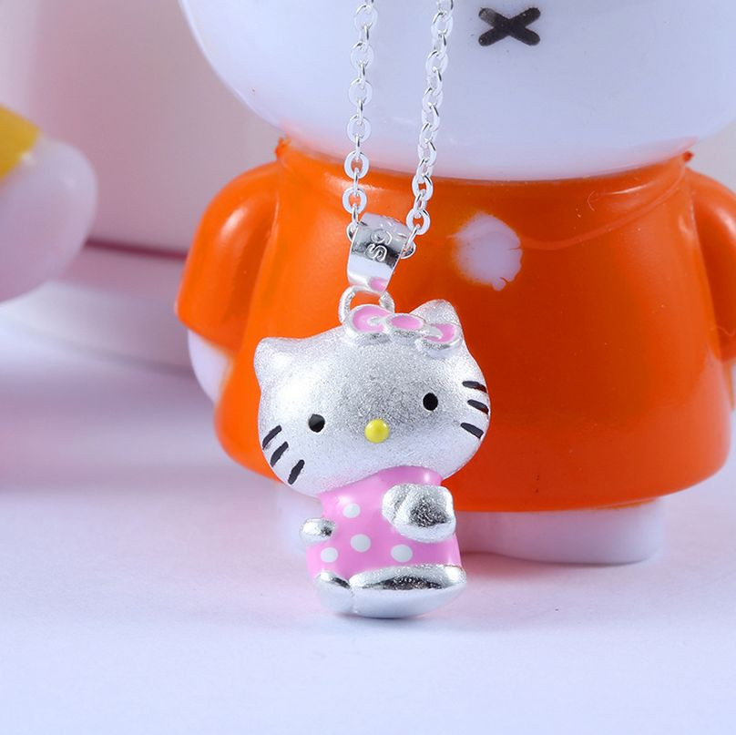 Pink Bow Silver Cat Adorable 3D Hello Kitty Kitten Pendant Chain Necklace
