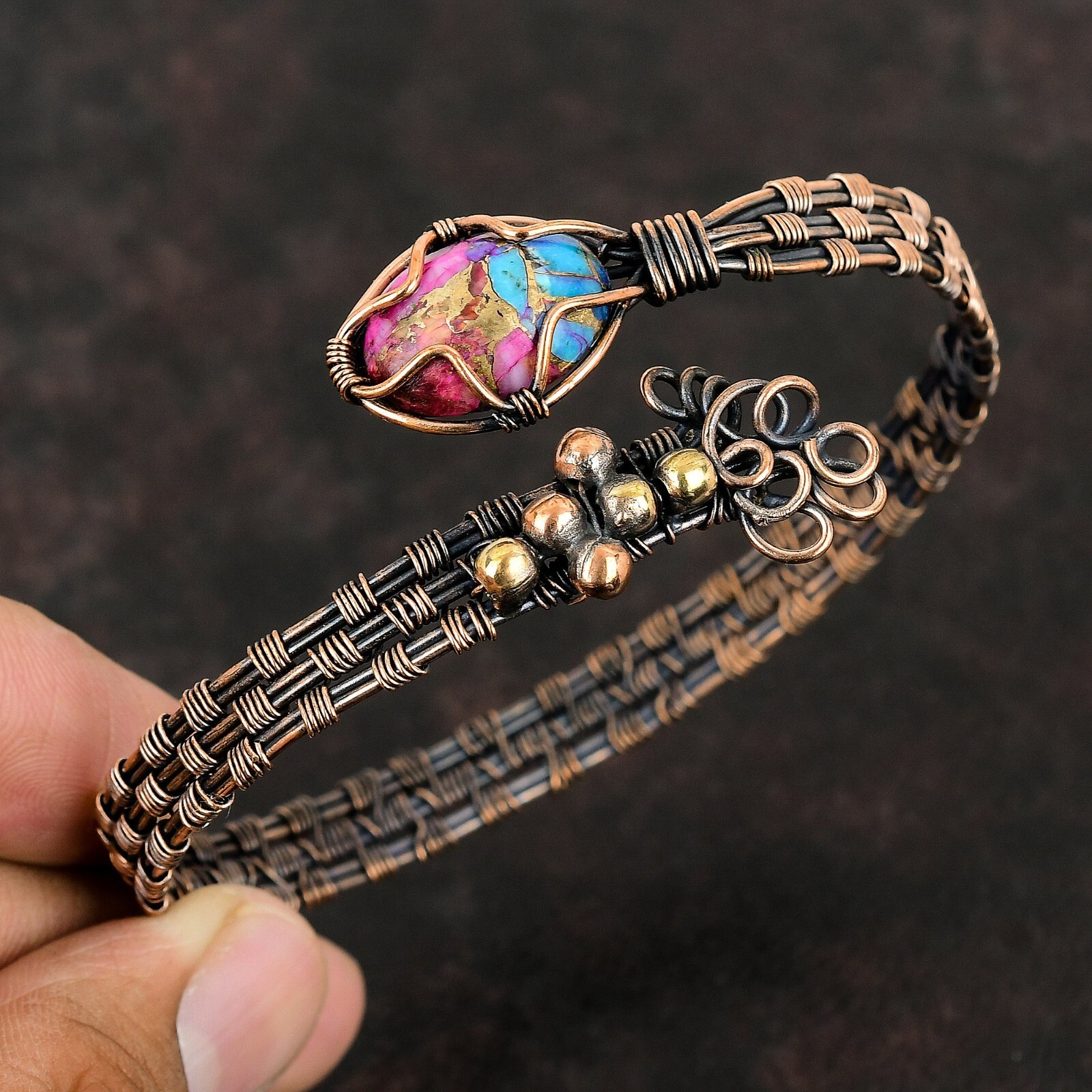 Kingman Pink Dahlia Turquoise Copper Gift For Mum Wire Wrap Adjustable Bangle
