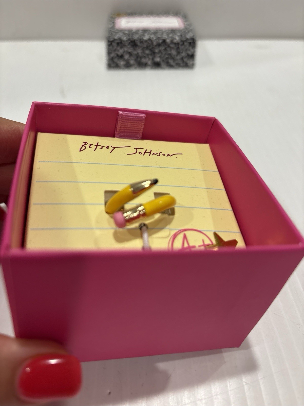 Betsey Johnson Curved Yellow Pencil & Pink Eraser Wrap Ring Size 7.5 NWT & Box