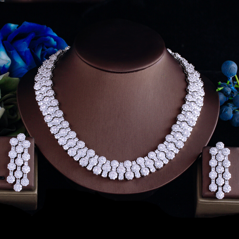 Designer Big Wide Necklace and Earrings Silver Plated Zircon Wedding Jewelry Set