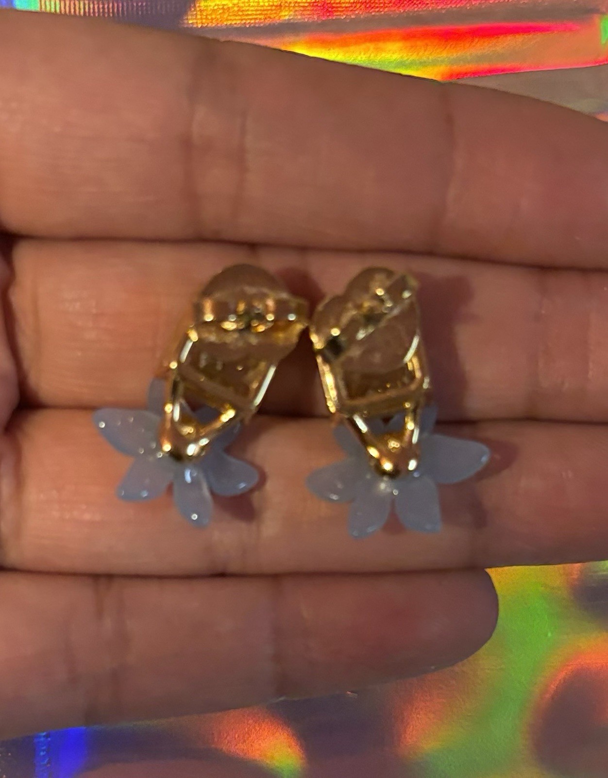 Yellow Cushion Crystal & Blue Flower Stud Earrings Butterfly Back Closure