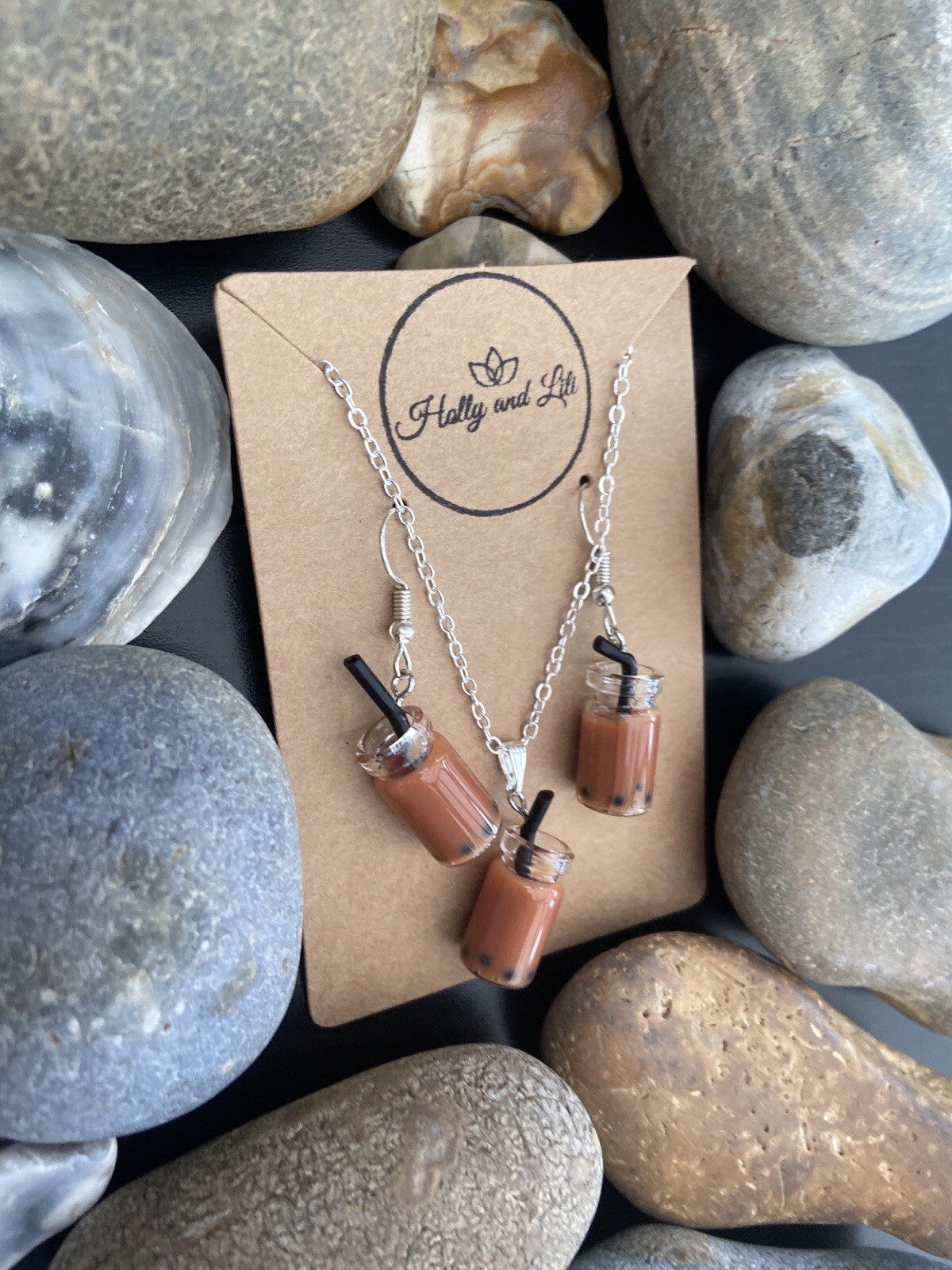 Brown Bubble Tea Boba Novelty Personalised Handmade Necklace & Earring Set