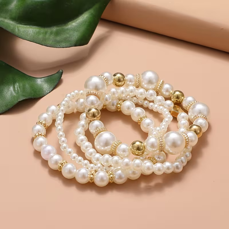 Set of 4 Imitation Crystal and Pearl Beaded Elastic Bracelets 7-8 inch