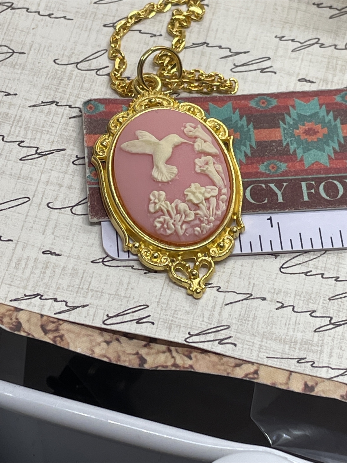PINK Hummingbird Necklace Heart Cameo Mom Daughter Gold wedding JEWELRY Easter