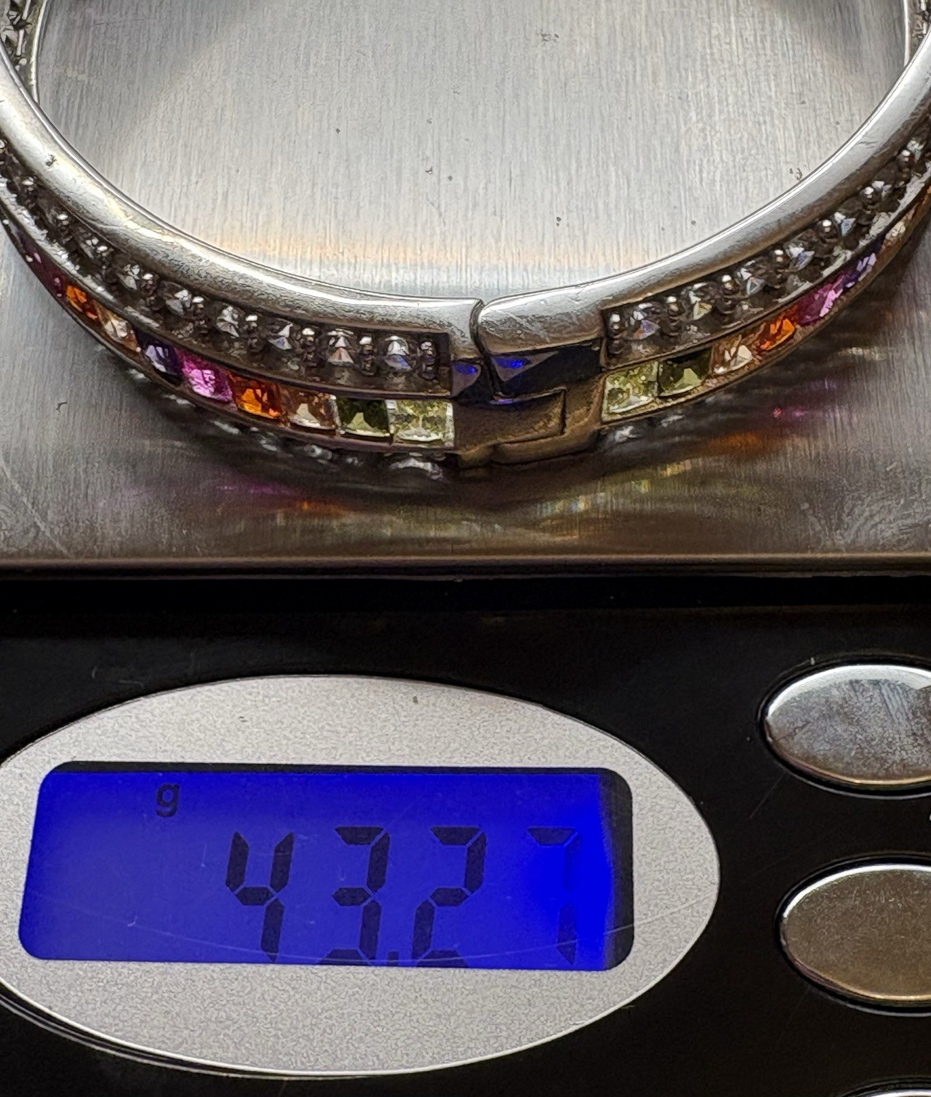 43.27g 925 Sterling Silver Rainbow CZ Hinged Bangle Bracelet Channel Set 6.5”