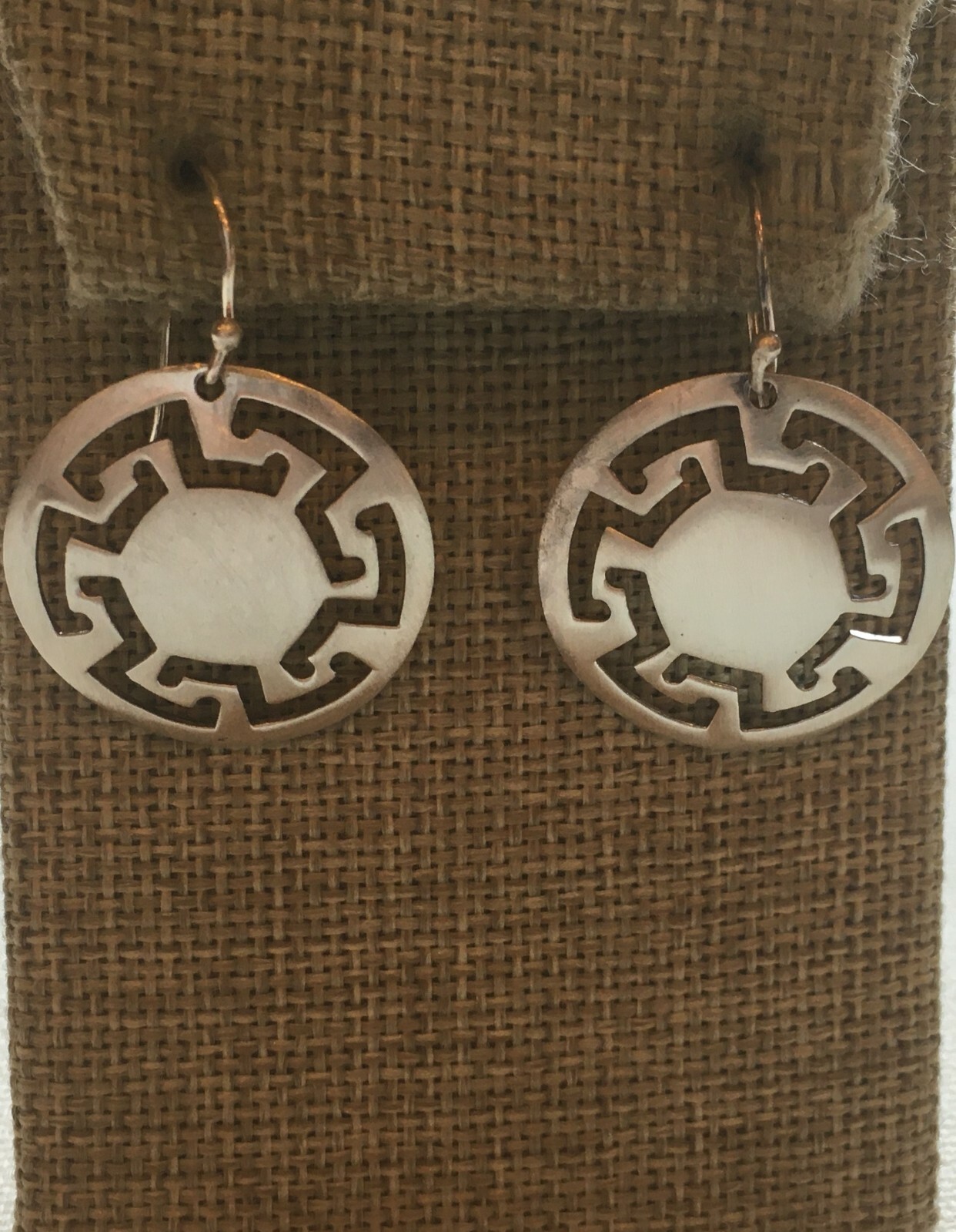 Greek Key Disk Earrings Sterling Modern Artisan Retro Bohemian Southwest 1.5″
